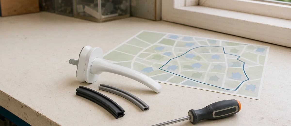 A white window handle and seal samples sit beside a screwdriver and a simple neighborhood map.