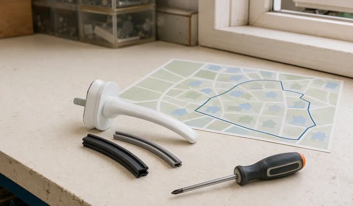 A white window handle and seal samples sit beside a screwdriver and a simple neighborhood map.