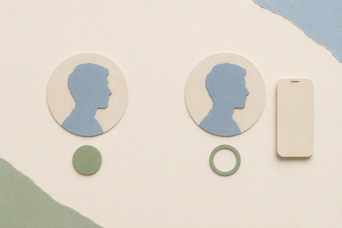 A filled green circle accompanies a profile disc, while a hollow circle sits beside a small phone symbol.