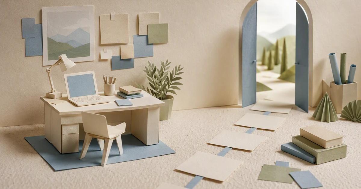 A miniature quiet workspace beside connected blank campaign cards and a small paper doorway