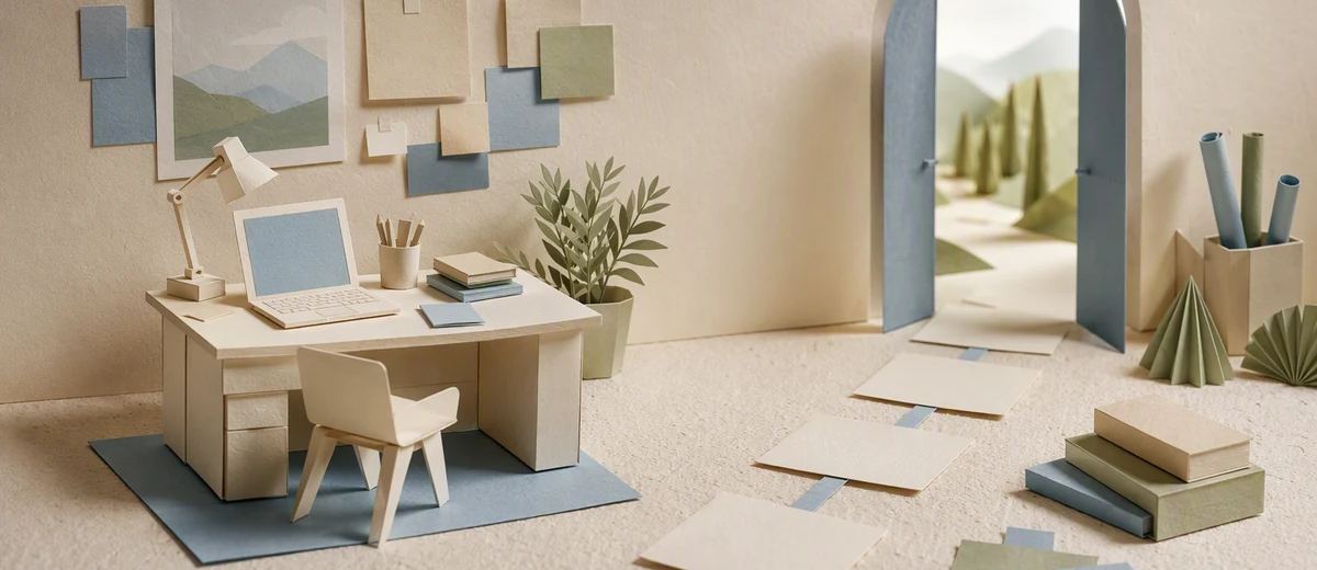 A miniature quiet workspace beside connected blank campaign cards and a small paper doorway