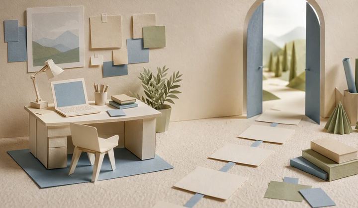 A miniature quiet workspace beside connected blank campaign cards and a small paper doorway