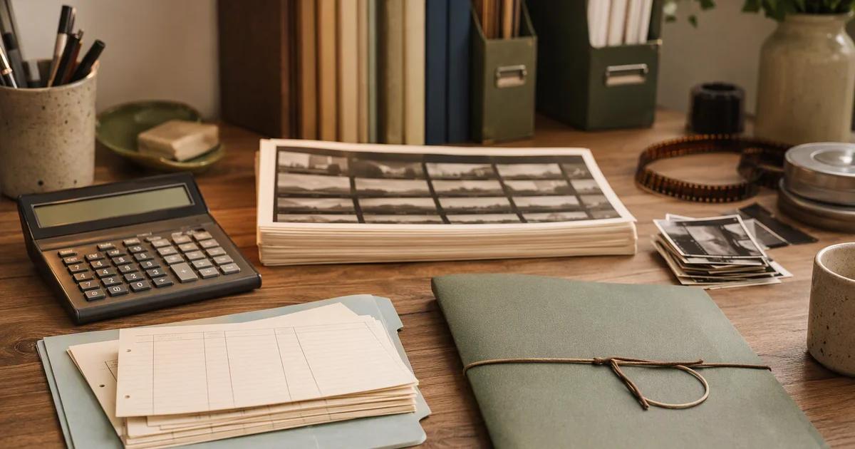 A calculator, planning cards, film strips, and a sage notebook sit on a production desk.