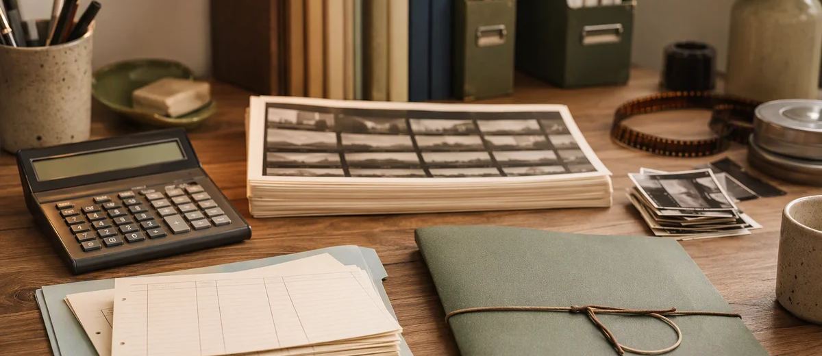 A calculator, planning cards, film strips, and a sage notebook sit on a production desk.