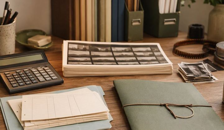A calculator, planning cards, film strips, and a sage notebook sit on a production desk.