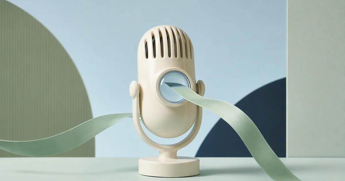 An ivory microphone-shaped sculpture has a round pale blue inset with mint ribbons extending to either side.
