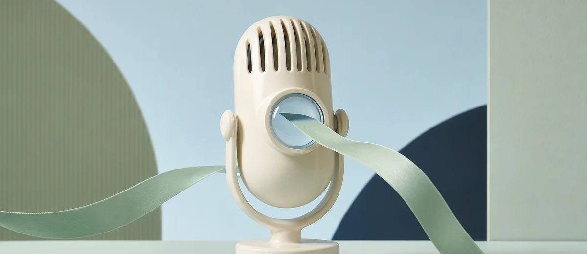 An ivory microphone-shaped sculpture has a round pale blue inset with mint ribbons extending to either side.