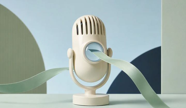 An ivory microphone-shaped sculpture has a round pale blue inset with mint ribbons extending to either side.