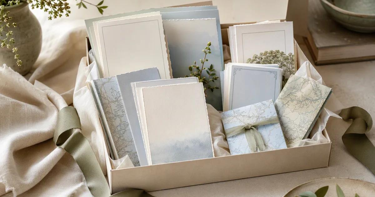 A welcome box containing blank portrait cards and small folded maps.