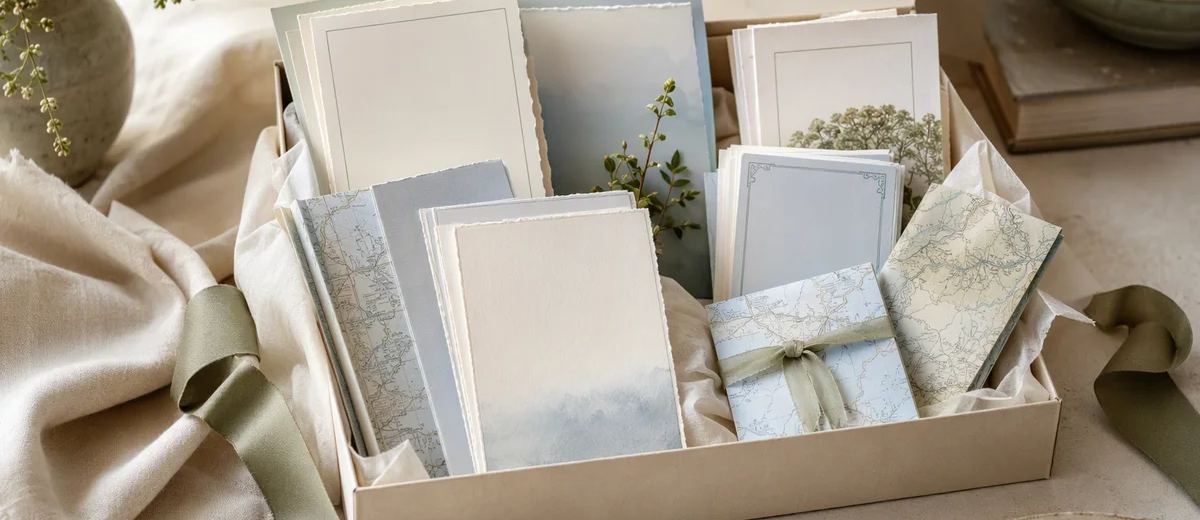 A welcome box containing blank portrait cards and small folded maps.