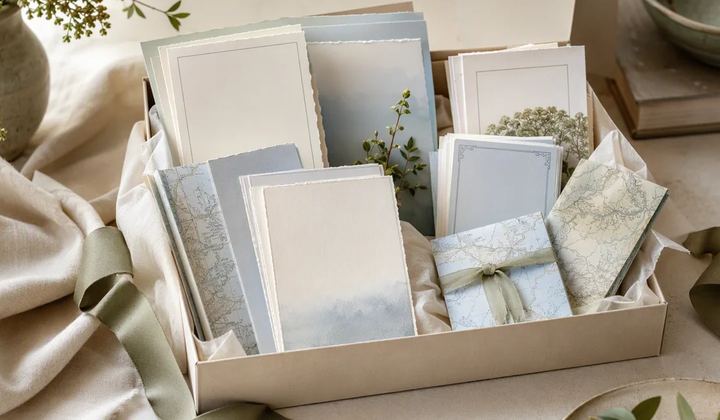A welcome box containing blank portrait cards and small folded maps.