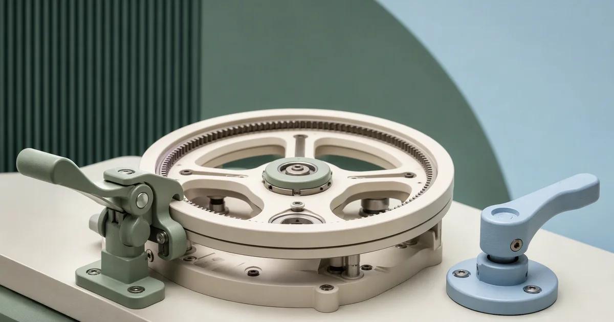 A mechanical wheel with a visible latch and separate control lever
