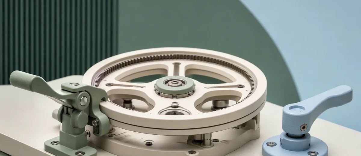 A mechanical wheel with a visible latch and separate control lever