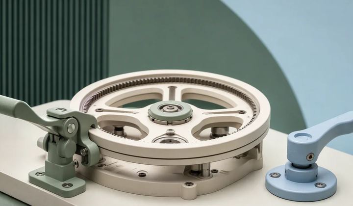 A mechanical wheel with a visible latch and separate control lever