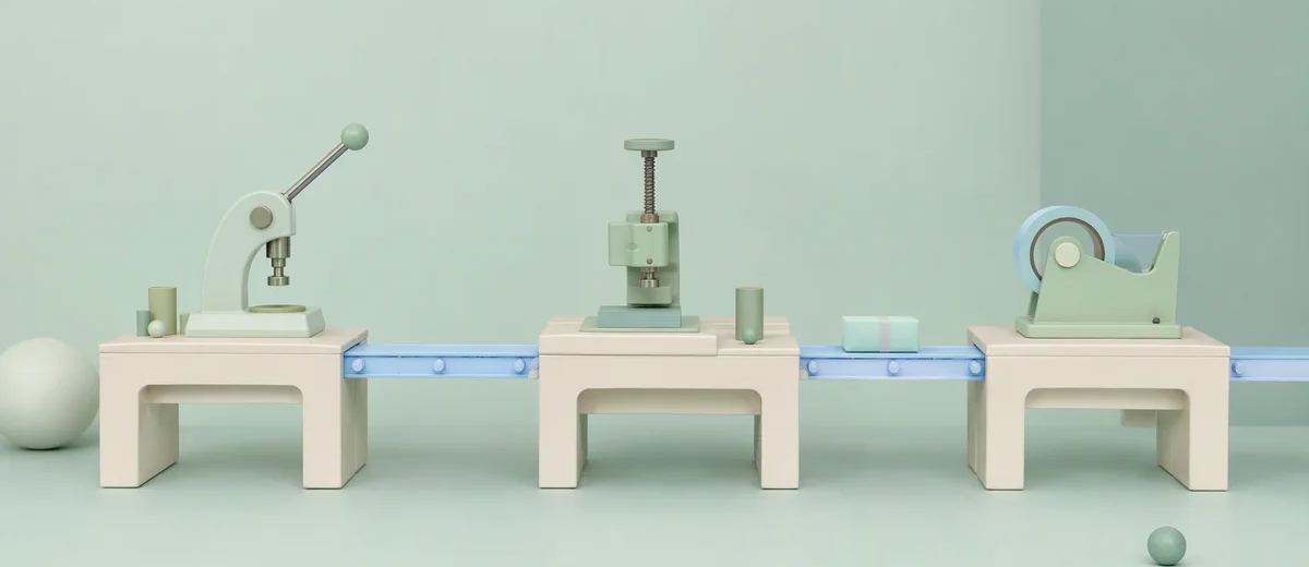 Three ivory workbenches each hold a different mint craft tool, connected by one slender pale blue conveyor carrying a single package.