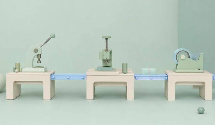 Three ivory workbenches each hold a different mint craft tool, connected by one slender pale blue conveyor carrying a single package.