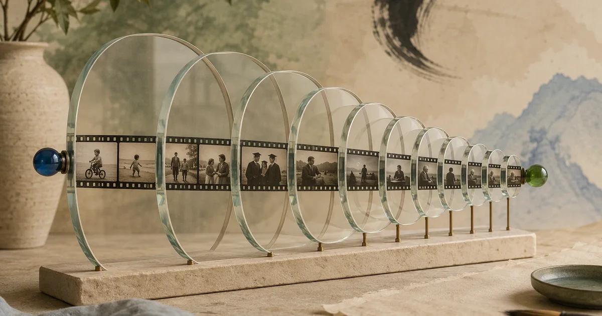 A strip of film passes through progressively smaller glass rings between blue and green beads.