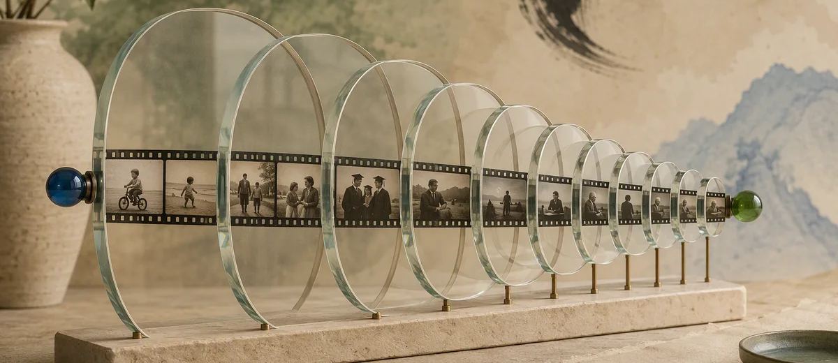 A strip of film passes through progressively smaller glass rings between blue and green beads.