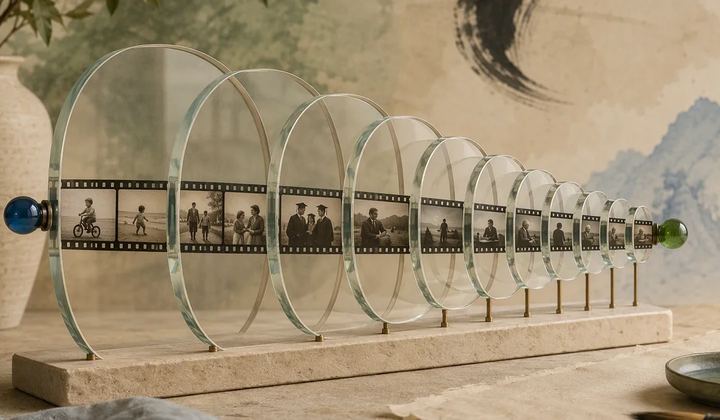 A strip of film passes through progressively smaller glass rings between blue and green beads.
