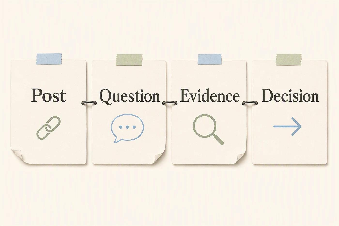 A content inventory connecting post records to audience questions, evidence, and a next decision