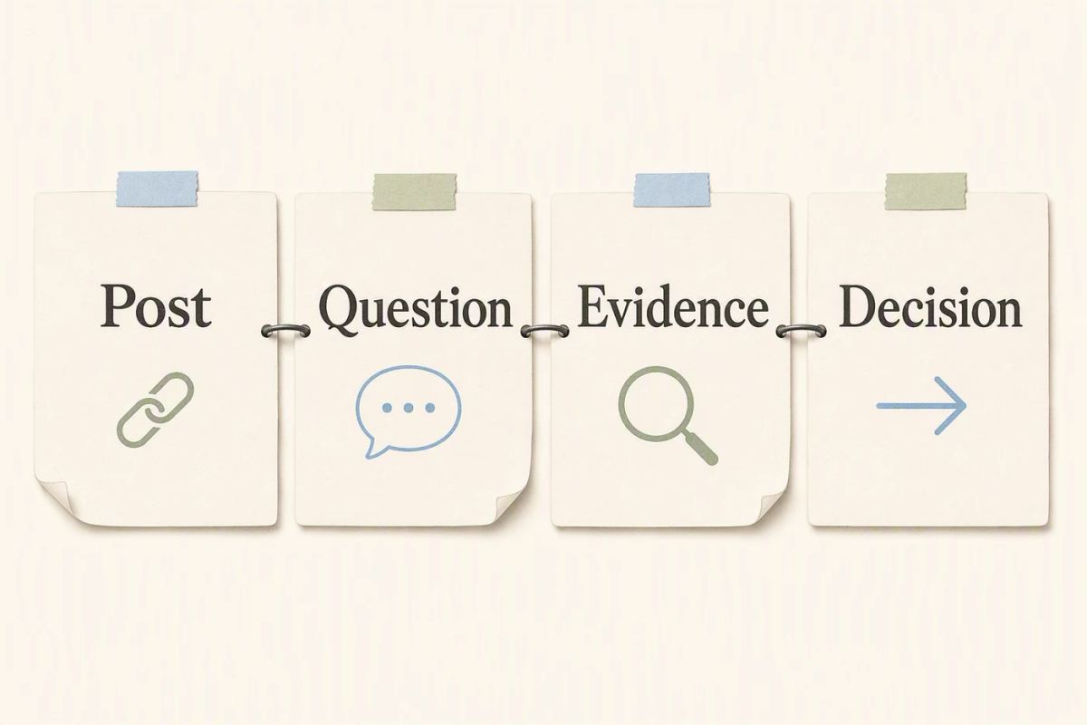 A content inventory connecting post records to audience questions, evidence, and a next decision