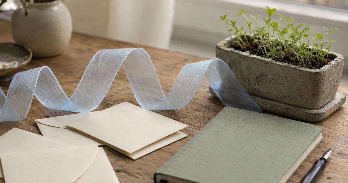 A translucent blue ribbon curves beside a seedling planter, blank paper cards, and a notebook.