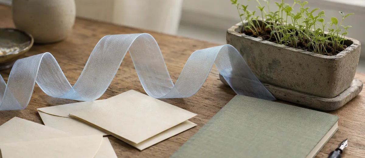 A translucent blue ribbon curves beside a seedling planter, blank paper cards, and a notebook.