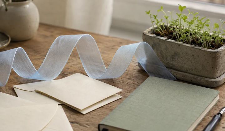 A translucent blue ribbon curves beside a seedling planter, blank paper cards, and a notebook.