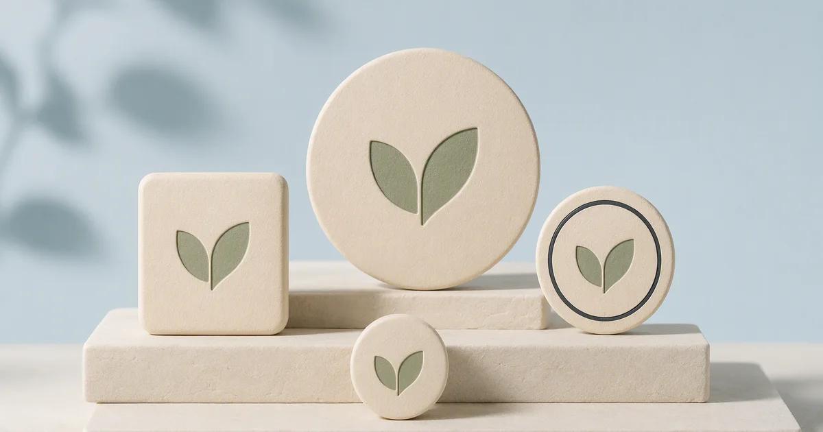 A sage two-leaf symbol appears on cream circular and rounded-square plaques of different sizes.