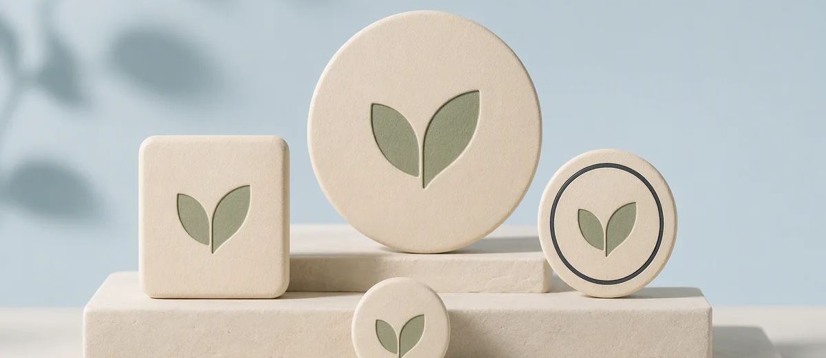 A sage two-leaf symbol appears on cream circular and rounded-square plaques of different sizes.