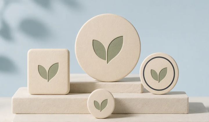 A sage two-leaf symbol appears on cream circular and rounded-square plaques of different sizes.