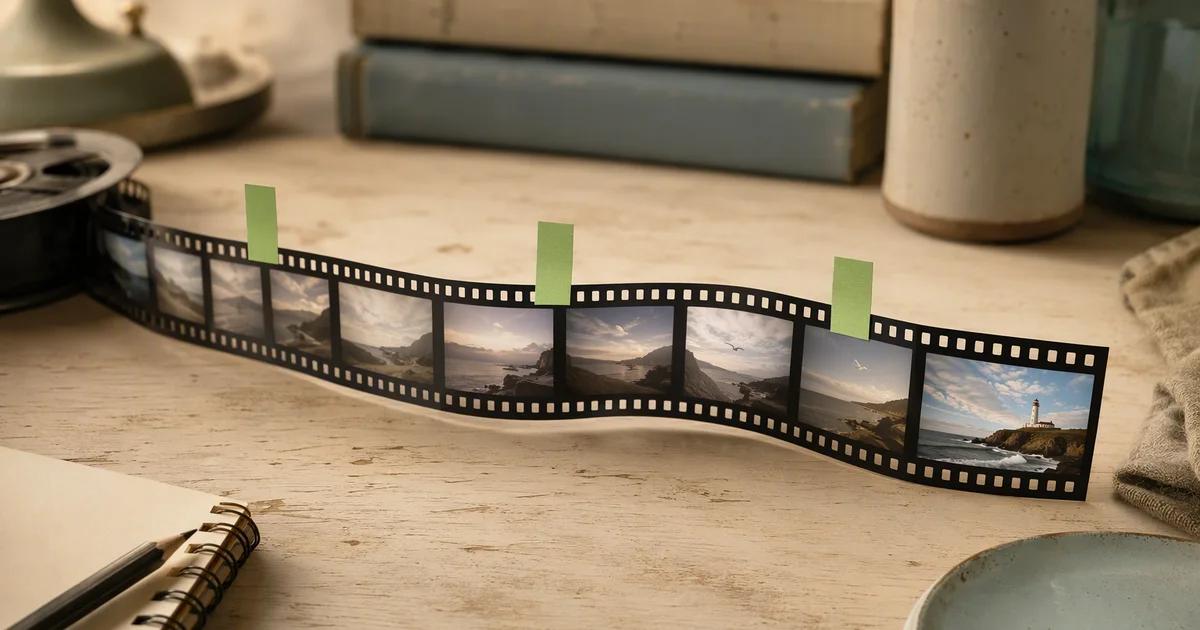 A physical film strip with carefully spaced green editing tabs across a desk.