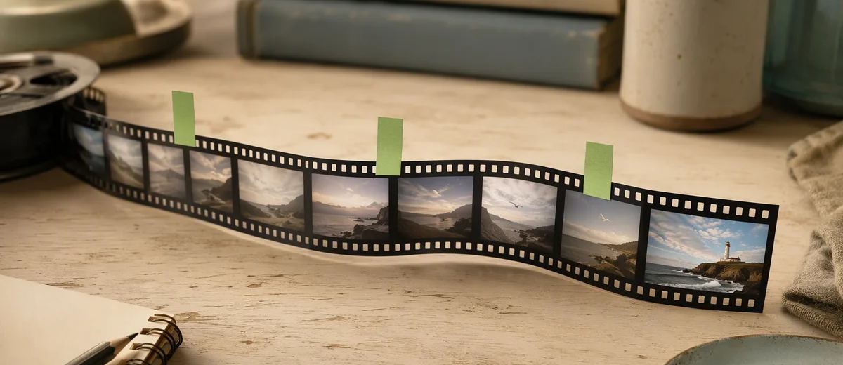 A physical film strip with carefully spaced green editing tabs across a desk.