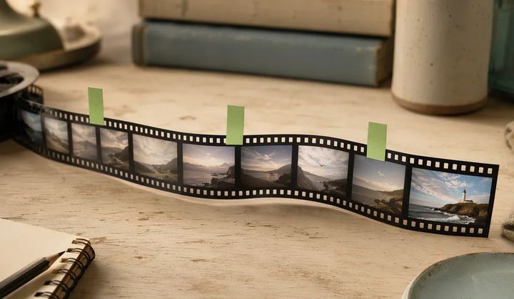 A physical film strip with carefully spaced green editing tabs across a desk.