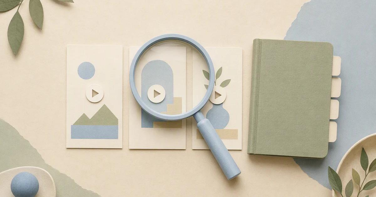 A magnifying glass examines a small paper video sequence beside a simple review notebook.