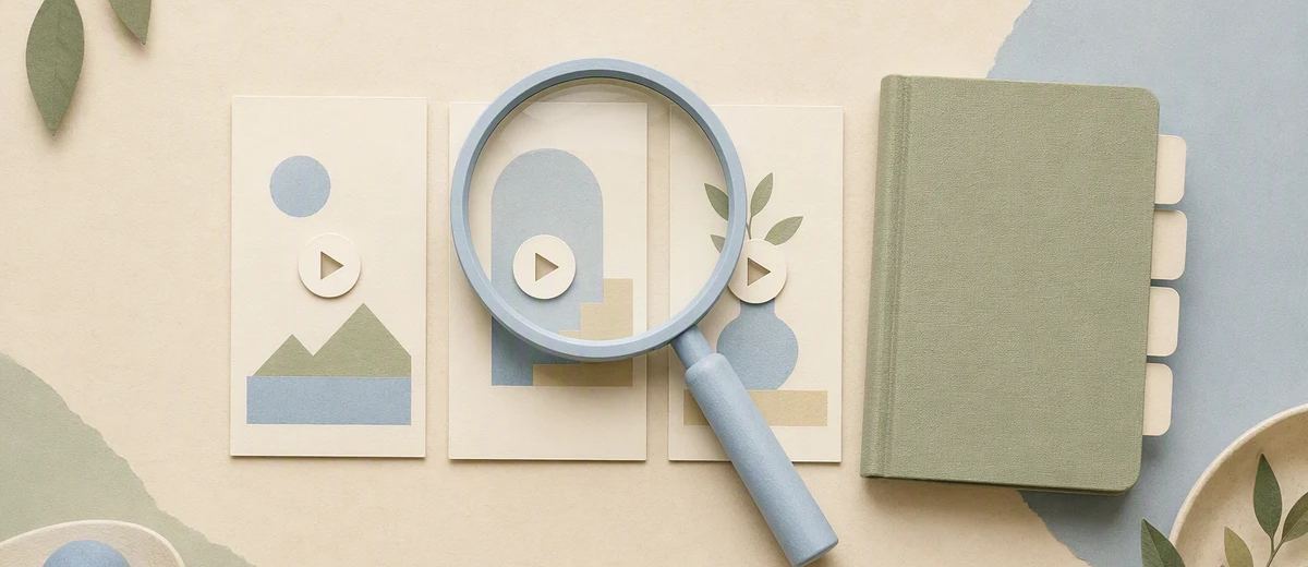 A magnifying glass examines a small paper video sequence beside a simple review notebook.