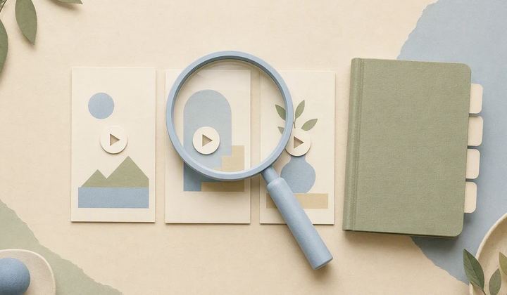 A magnifying glass examines a small paper video sequence beside a simple review notebook.