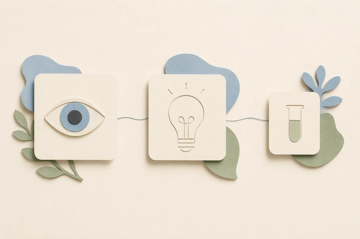 An observation card and an assumption card lead to a separate experiment card.
