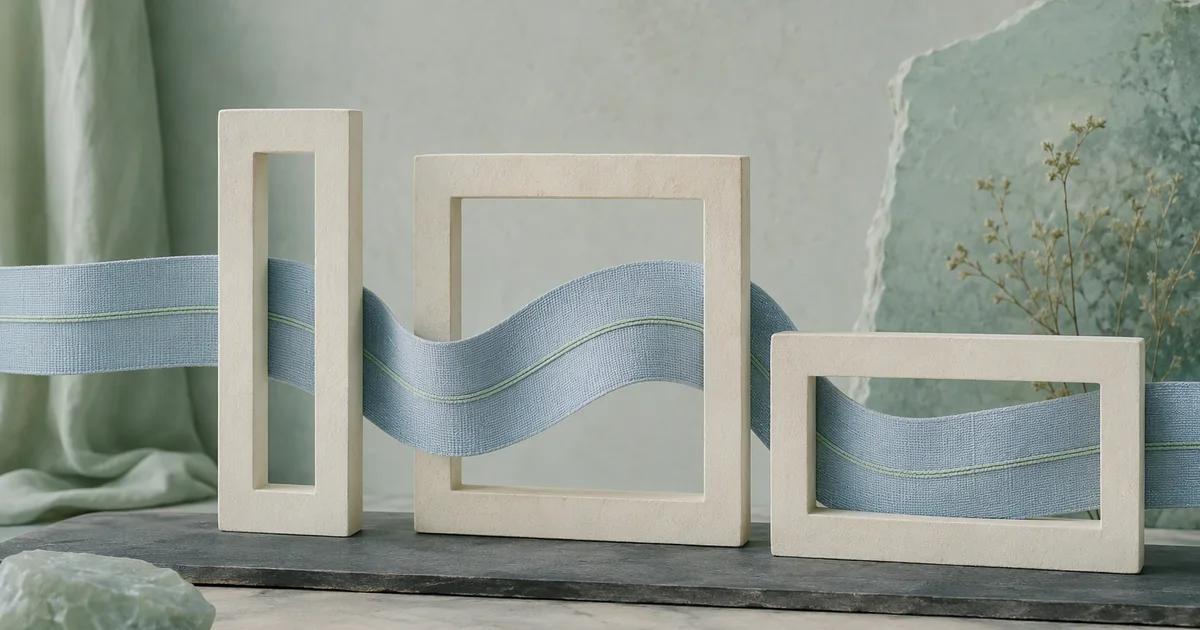 A pale blue woven ribbon with thin mint stripes passes through three ivory frames of different shapes.