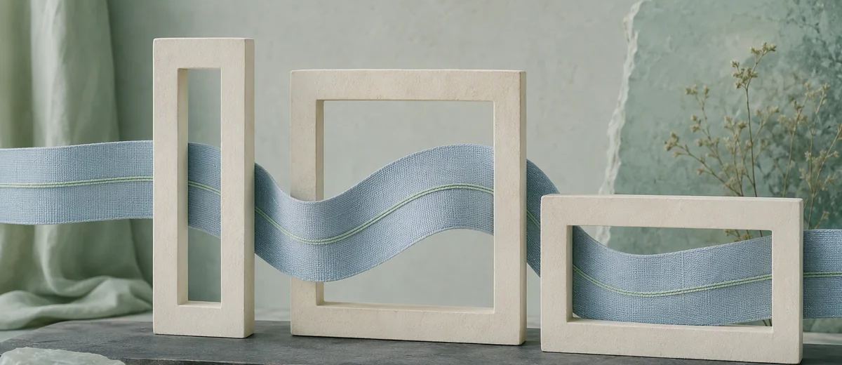 A pale blue woven ribbon with thin mint stripes passes through three ivory frames of different shapes.