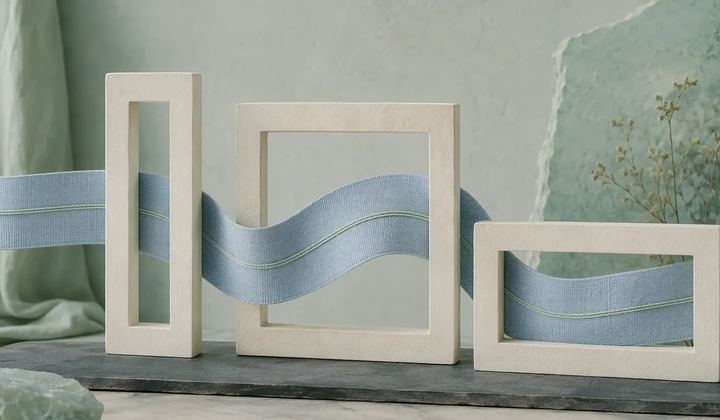 A pale blue woven ribbon with thin mint stripes passes through three ivory frames of different shapes.