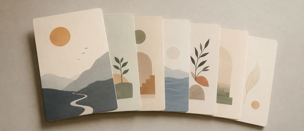 AI-generated conceptual cover: A premium editorial close-up of seven layered portrait-format content cards spread in a gentle sequence on a neutral studio surface, with simple abstract illustrations and generous blank space. The first card attracts attention and the remaining cards form a coher