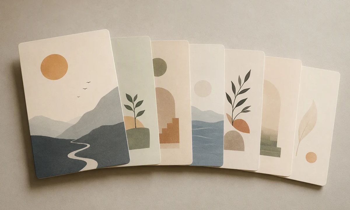 AI-generated conceptual cover: A premium editorial close-up of seven layered portrait-format content cards spread in a gentle sequence on a neutral studio surface, with simple abstract illustrations and generous blank space. The first card attracts attention and the remaining cards form a coher
