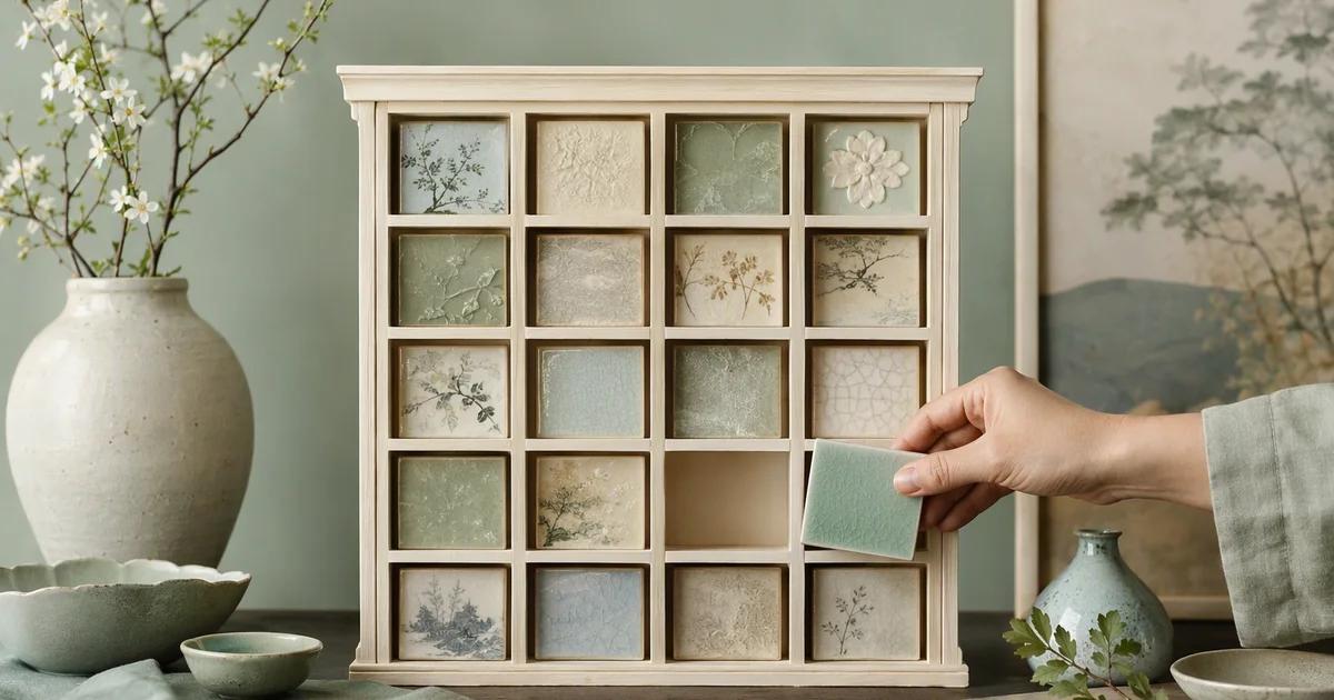 A hand holds a mint tile beside an empty compartment in an ivory cabinet of decorative tiles.