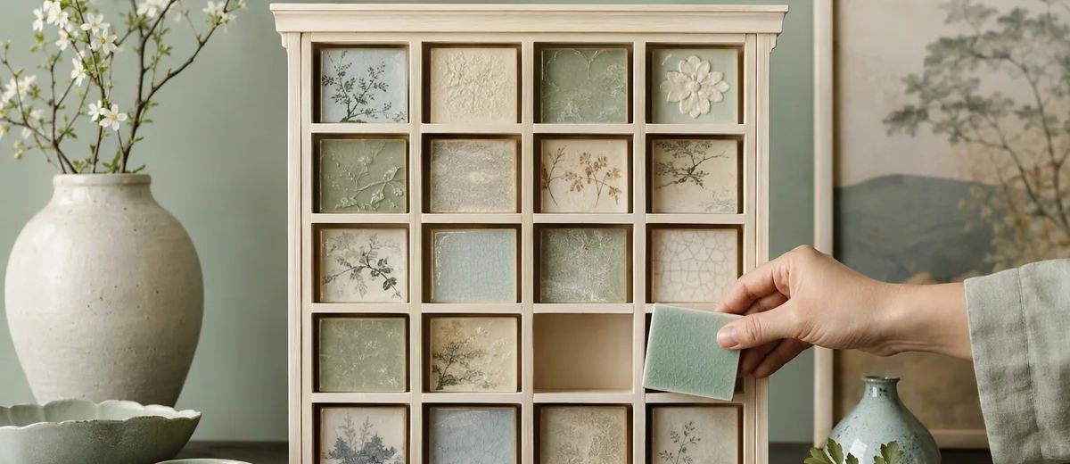 A hand holds a mint tile beside an empty compartment in an ivory cabinet of decorative tiles.