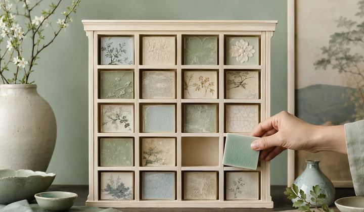 A hand holds a mint tile beside an empty compartment in an ivory cabinet of decorative tiles.