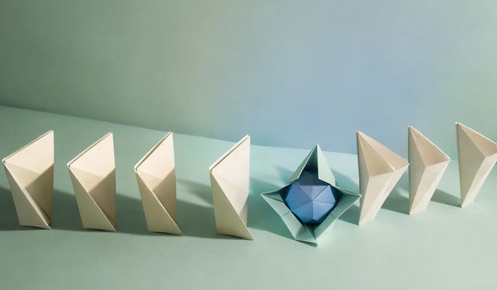 A row of ivory folded paper forms surrounds an open mint fold containing a blue geometric shape.