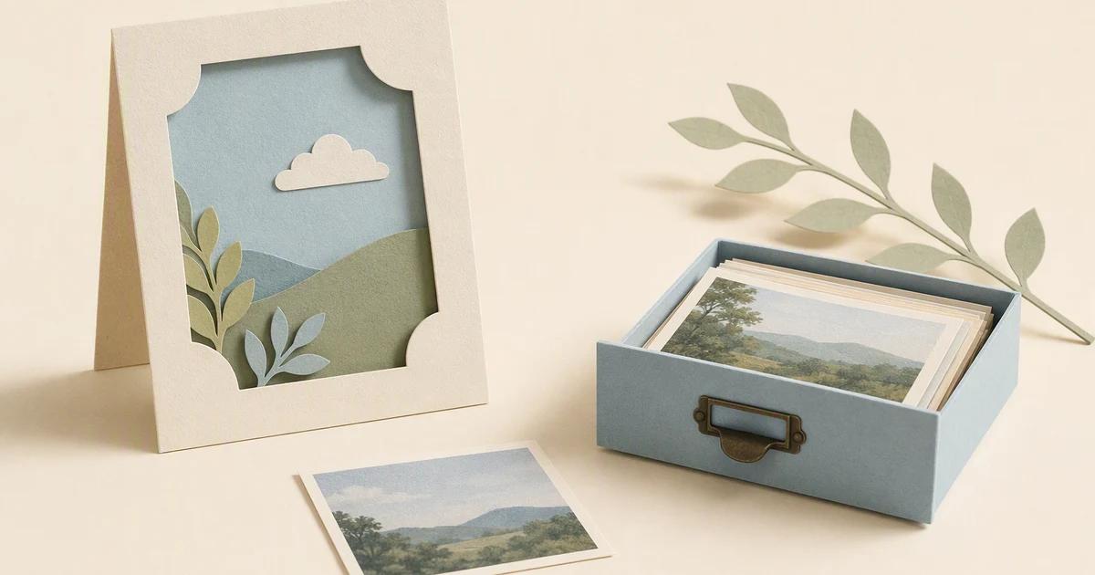 A framed paper landscape sits beside an open archive drawer and a loose photo card.