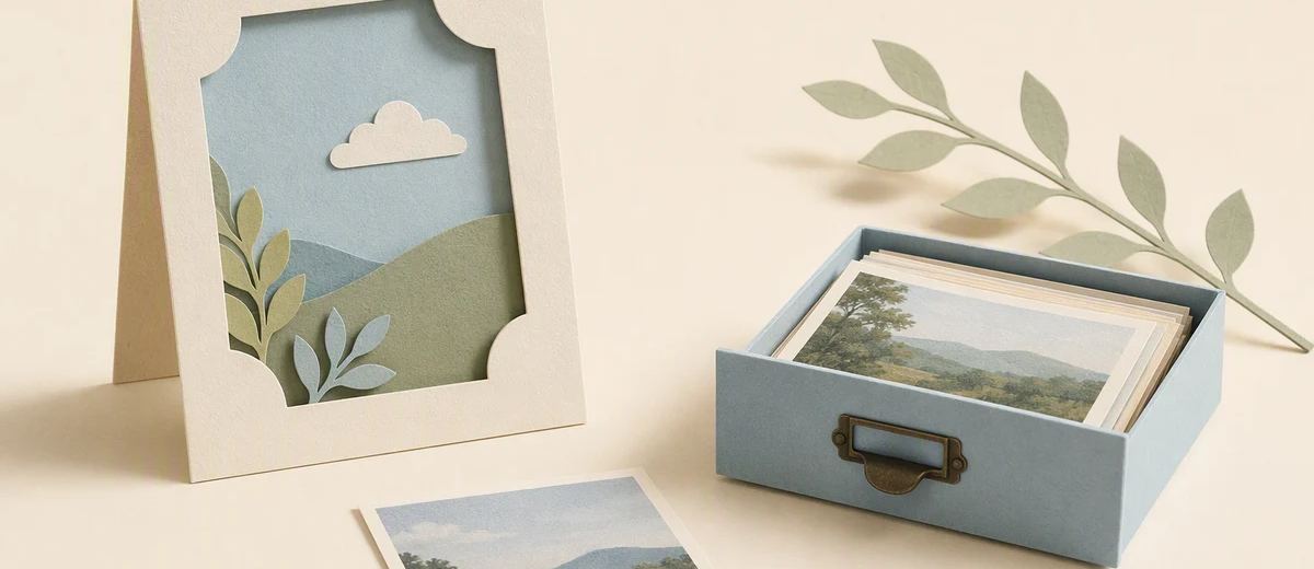 A framed paper landscape sits beside an open archive drawer and a loose photo card.