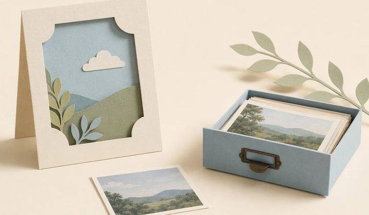 A framed paper landscape sits beside an open archive drawer and a loose photo card.